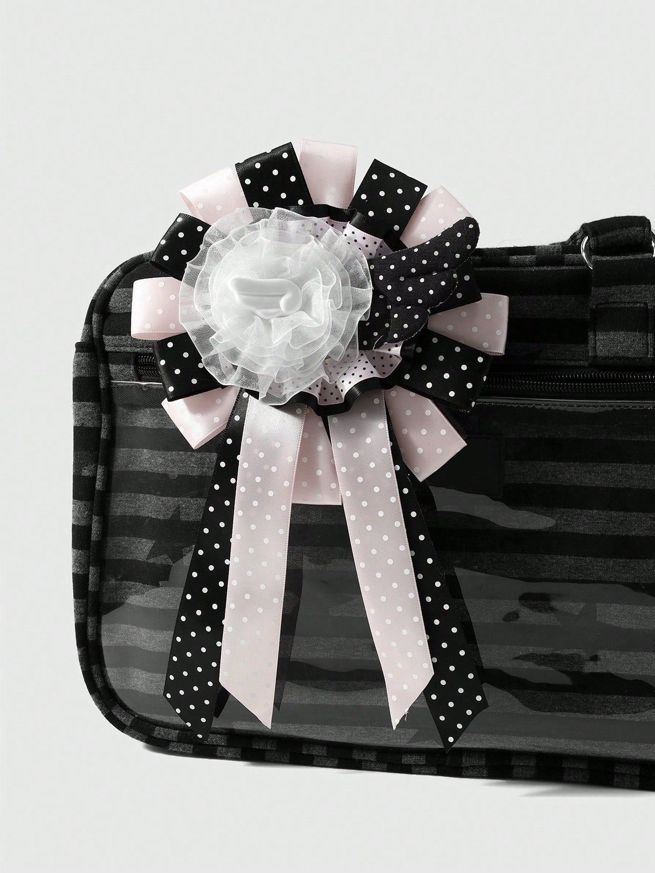 ROMWE Anime 1 Sweet Academy Black Pink Polka Dot Wings Mesh Lace Ribbon Handmade Complex Rose Corsage DIY Keychain Bag Pendant, Ladies Wear Holiday Gift