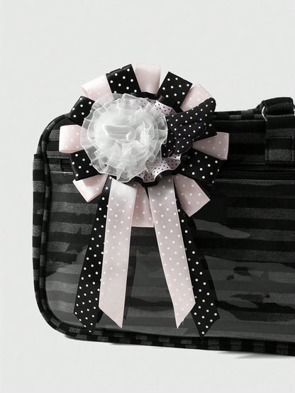 ROMWE Anime 1 Sweet Academy Black Pink Polka Dot Wings Mesh Lace Ribbon Handmade Complex Rose Corsage DIY Keychain Bag Pendant, Ladies Wear Holiday Gift