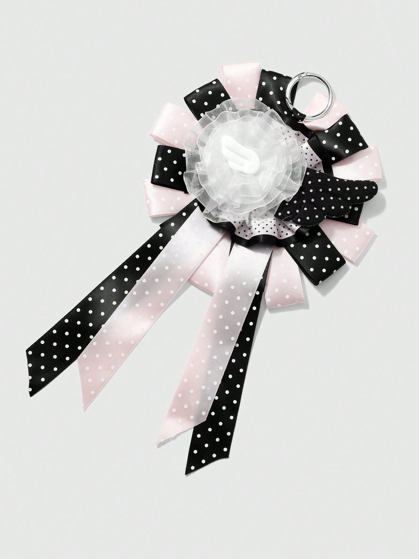 ROMWE Anime 1 Sweet Academy Black Pink Polka Dot Wings Mesh Lace Ribbon Handmade Complex Rose Corsage DIY Keychain Bag Pendant, Ladies Wear Holiday Gift
