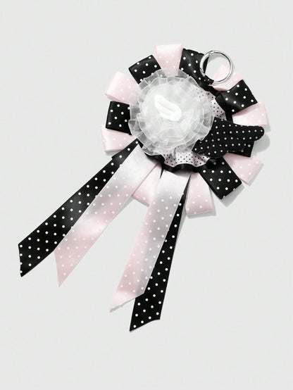 ROMWE Anime 1 Sweet Academy Black Pink Polka Dot Wings Mesh Lace Ribbon Handmade Complex Rose Corsage DIY Keychain Bag Pendant, Ladies Wear Holiday Gift
