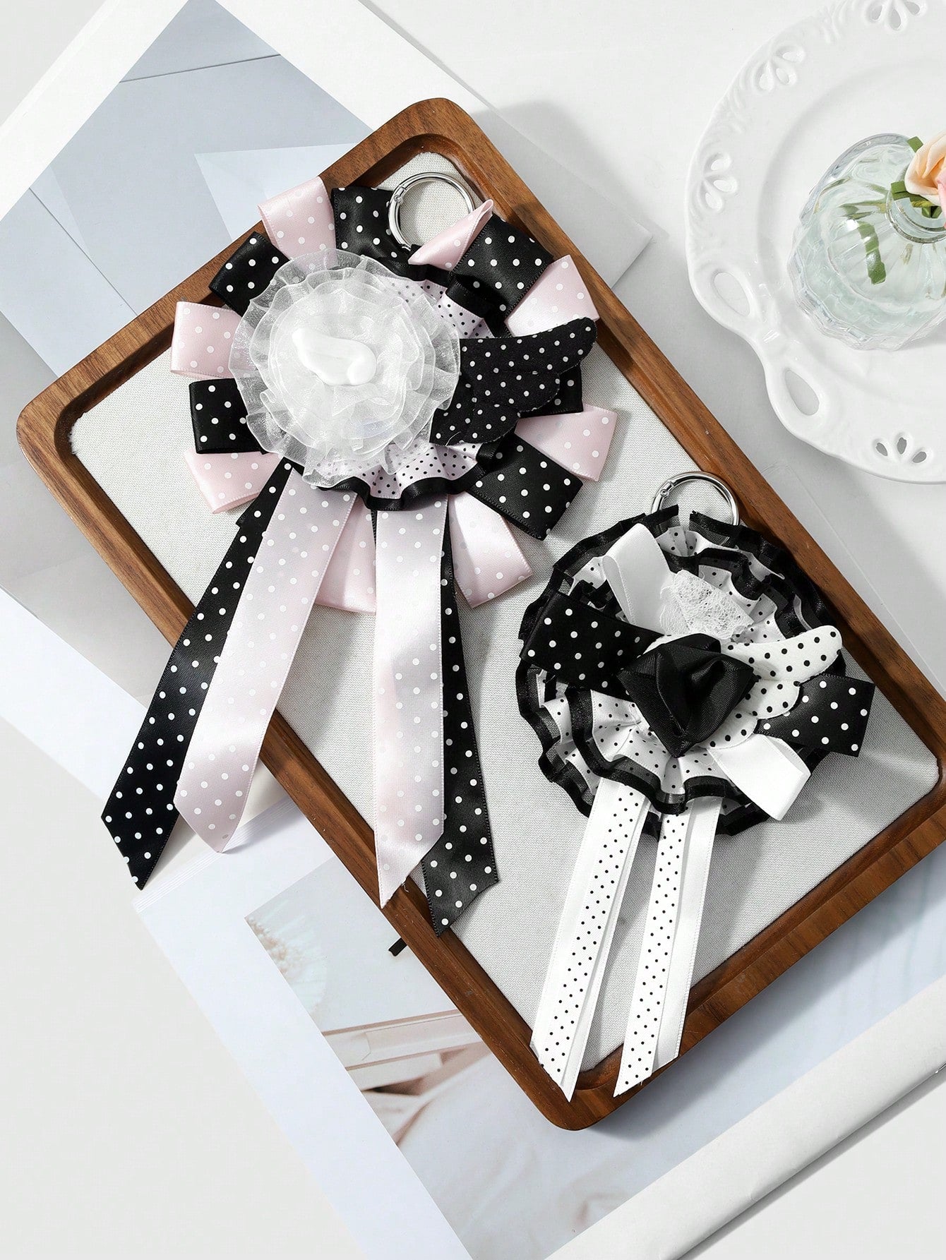 ROMWE Anime 1 Sweet Academy Black Pink Polka Dot Wings Mesh Lace Ribbon Handmade Complex Rose Corsage DIY Keychain Bag Pendant, Ladies Wear Holiday Gift