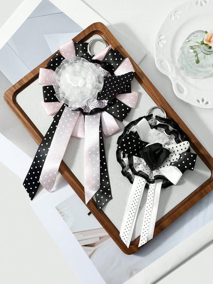 ROMWE Anime 1 Sweet Academy Black Pink Polka Dot Wings Mesh Lace Ribbon Handmade Complex Rose Corsage DIY Keychain Bag Pendant, Ladies Wear Holiday Gift