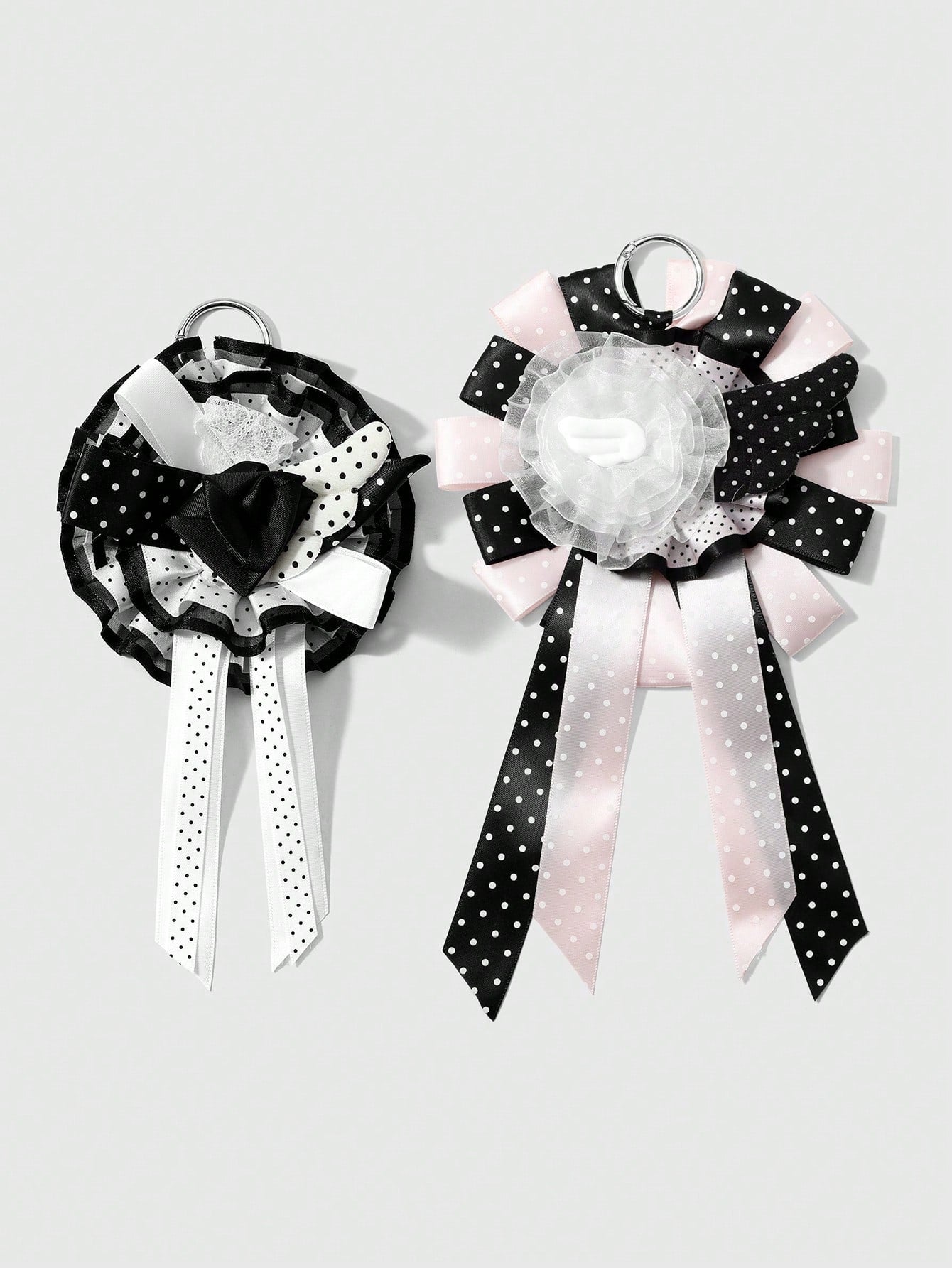 ROMWE Anime 1 Sweet Academy Black Pink Polka Dot Wings Mesh Lace Ribbon Handmade Complex Rose Corsage DIY Keychain Bag Pendant, Ladies Wear Holiday Gift