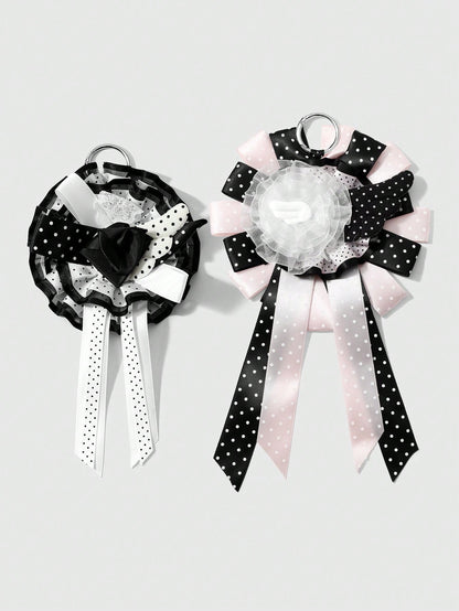 ROMWE Anime 1 Sweet Academy Black Pink Polka Dot Wings Mesh Lace Ribbon Handmade Complex Rose Corsage DIY Keychain Bag Pendant, Ladies Wear Holiday Gift