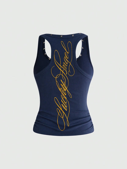 ROMWE Fairycore Women's Retro Music Festival Sexy All-Match Versatile English Logo Embroidered V-Neck Five-Pointed Star Rivet Decor Tank Top