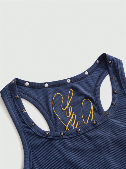 ROMWE Fairycore Women's Retro Music Festival Sexy All-Match Versatile English Logo Embroidered V-Neck Five-Pointed Star Rivet Decor Tank Top
