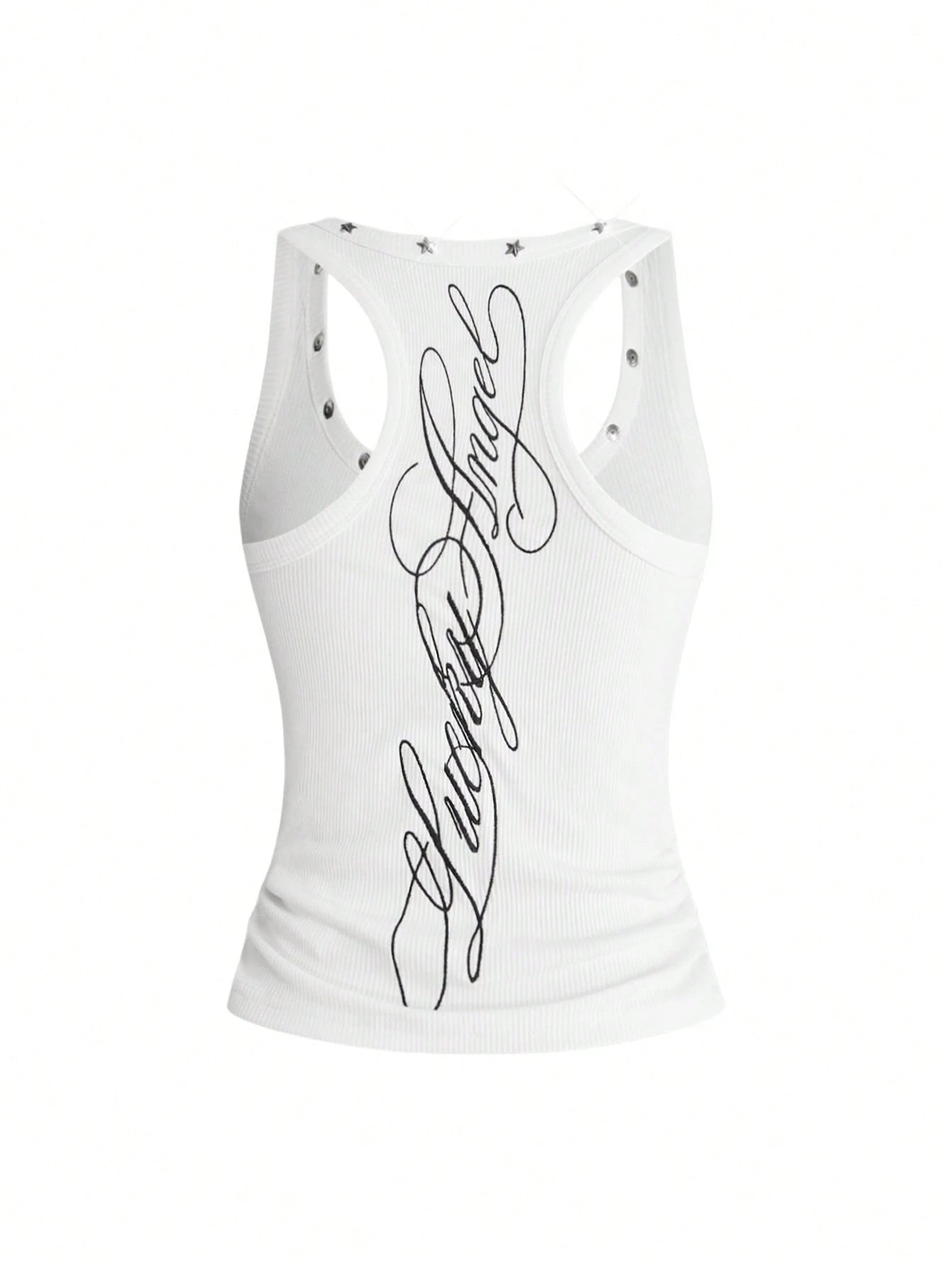 ROMWE Fairycore Women's Retro Music Festival Sexy All-Match Versatile English Logo Embroidered V-Neck Five-Pointed Star Rivet Decor Tank Top
