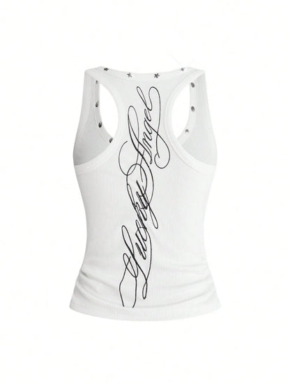 ROMWE Fairycore Women's Retro Music Festival Sexy All-Match Versatile English Logo Embroidered V-Neck Five-Pointed Star Rivet Decor Tank Top