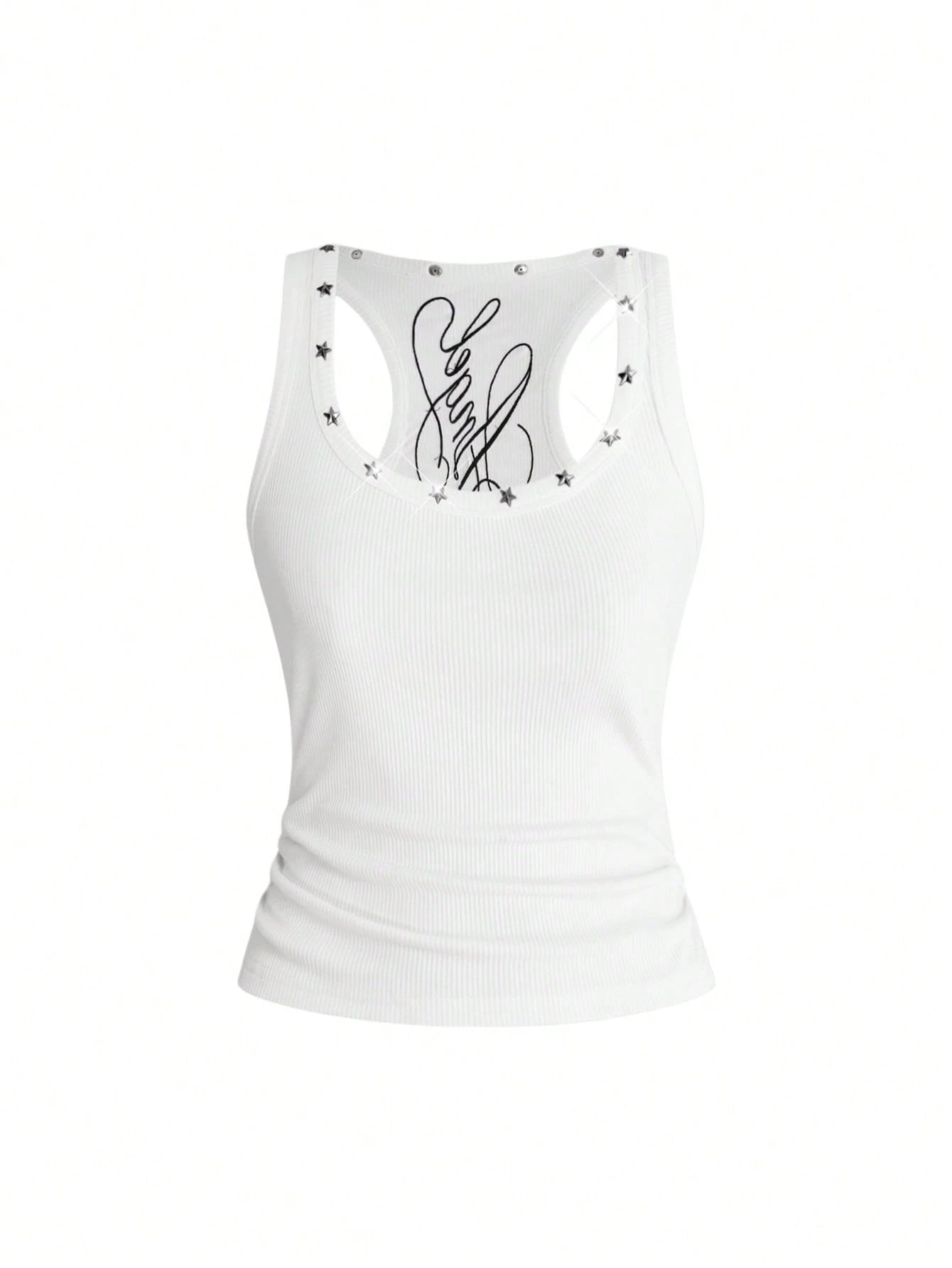 ROMWE Fairycore Women's Retro Music Festival Sexy All-Match Versatile English Logo Embroidered V-Neck Five-Pointed Star Rivet Decor Tank Top