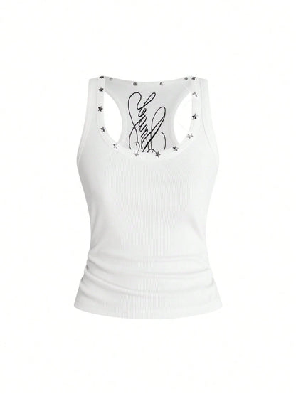 ROMWE Fairycore Women's Retro Music Festival Sexy All-Match Versatile English Logo Embroidered V-Neck Five-Pointed Star Rivet Decor Tank Top