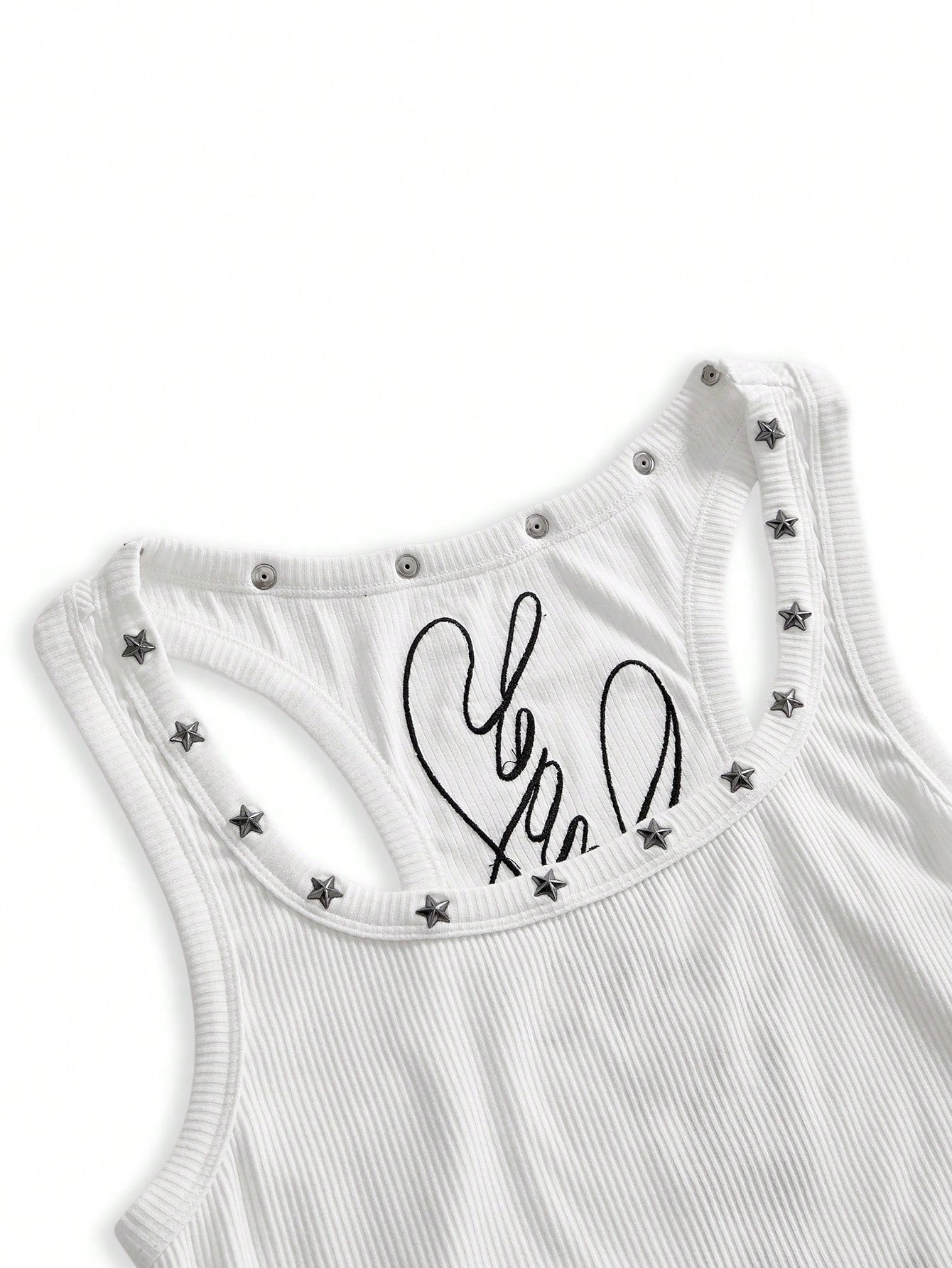 ROMWE Fairycore Women's Retro Music Festival Sexy All-Match Versatile English Logo Embroidered V-Neck Five-Pointed Star Rivet Decor Tank Top