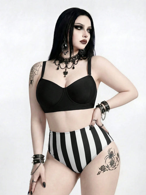 ROMWE Goth 2026 New Vintage Slimming Bikini Set| Push-Up Top For Rounder Bust Shape| Pure Black Minimalist Versatile| Black & White Vertical Striped High-Waist Swim Bottoms With Tummy Control And L