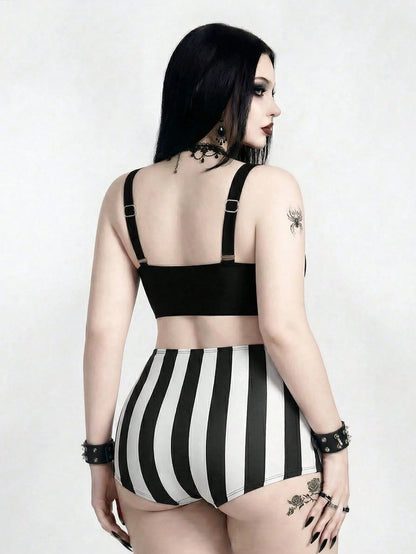ROMWE Goth 2026 New Vintage Slimming Bikini Set| Push-Up Top For Rounder Bust Shape| Pure Black Minimalist Versatile| Black & White Vertical Striped High-Waist Swim Bottoms With Tummy Control And L