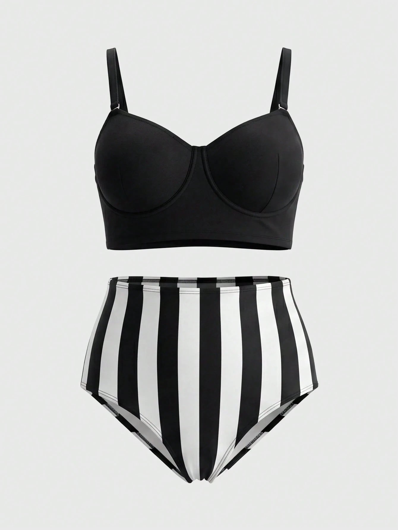 ROMWE Goth 2026 New Vintage Slimming Bikini Set| Push-Up Top For Rounder Bust Shape| Pure Black Minimalist Versatile| Black & White Vertical Striped High-Waist Swim Bottoms With Tummy Control And L