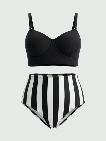 ROMWE Goth 2026 New Vintage Slimming Bikini Set| Push-Up Top For Rounder Bust Shape| Pure Black Minimalist Versatile| Black & White Vertical Striped High-Waist Swim Bottoms With Tummy Control And L