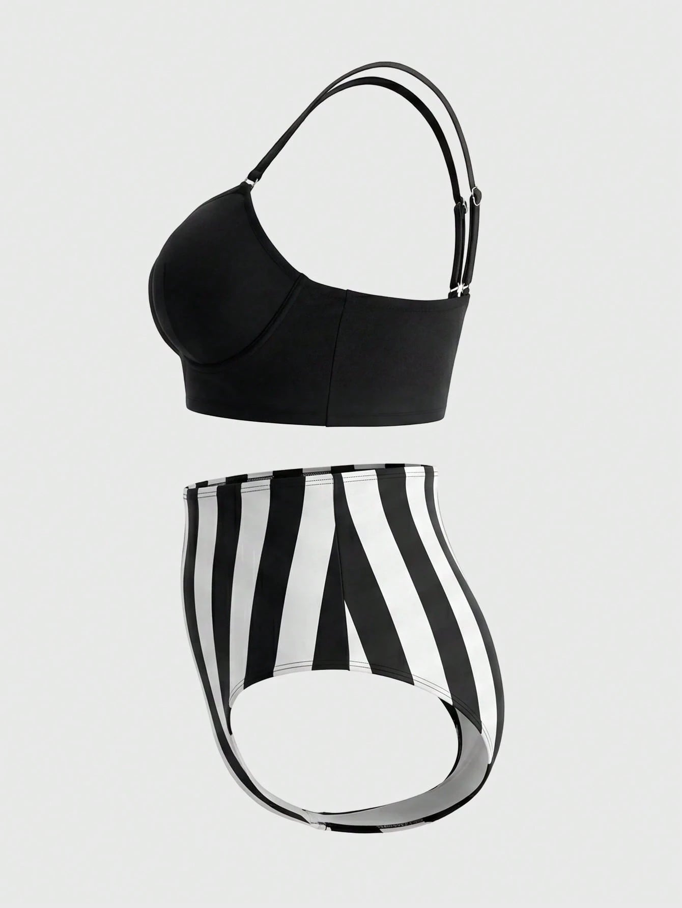 ROMWE Goth 2026 New Vintage Slimming Bikini Set| Push-Up Top For Rounder Bust Shape| Pure Black Minimalist Versatile| Black & White Vertical Striped High-Waist Swim Bottoms With Tummy Control And L