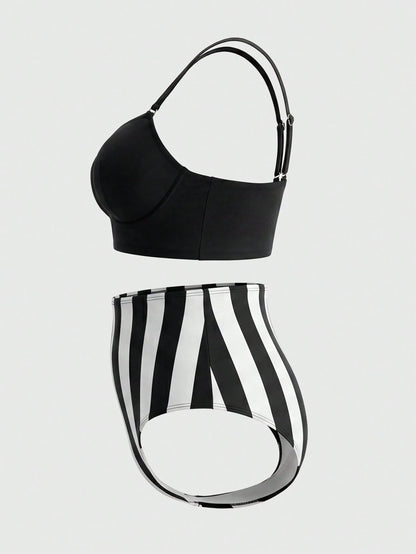 ROMWE Goth 2026 New Vintage Slimming Bikini Set| Push-Up Top For Rounder Bust Shape| Pure Black Minimalist Versatile| Black & White Vertical Striped High-Waist Swim Bottoms With Tummy Control And L