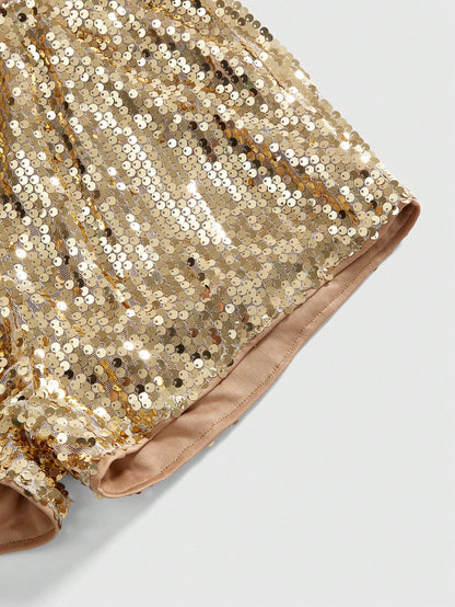 ROMWE Grunge Punk Women Carnival Party Luxy Golden Glitter Sequin Sexy Low Waist Stretchy Mini Shorts