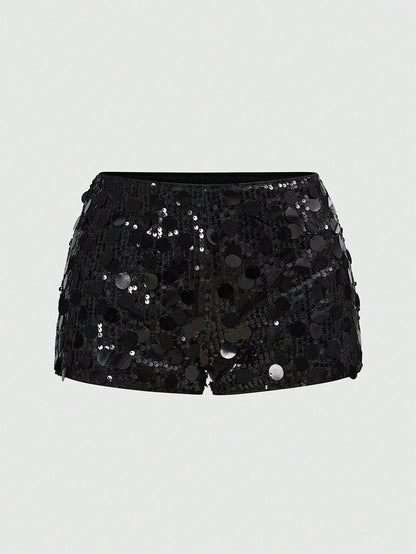 ROMWE Grunge Punk Women Carnival Party Luxy Golden Glitter Sequin Sexy Low Waist Stretchy Mini Shorts