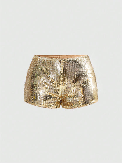 ROMWE Grunge Punk Women Carnival Party Luxy Golden Glitter Sequin Sexy Low Waist Stretchy Mini Shorts