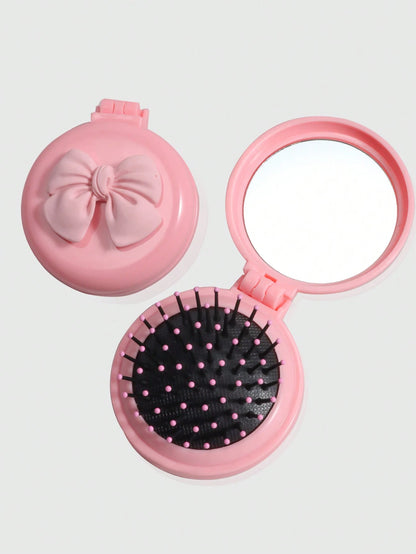 ROMWE Kawaii 1pc Cute Bow Foldable Comb & Mirror Set, Back To School Airbag Comb, DIY Portable Comb Mirror