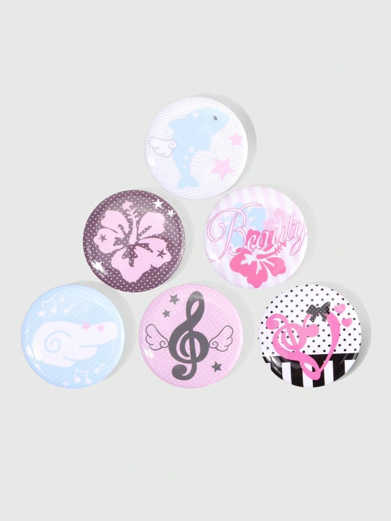 ROMWE Kawaii 6pcs Anime Badges With Flower, Wings, Music Notes, Polka Dots, And Stars Design