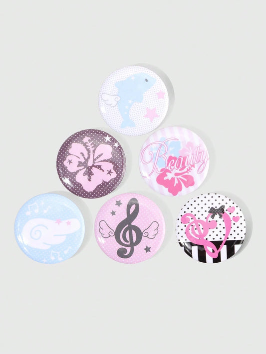ROMWE Kawaii 6pcs Anime Badges With Flower, Wings, Music Notes, Polka Dots, And Stars Design