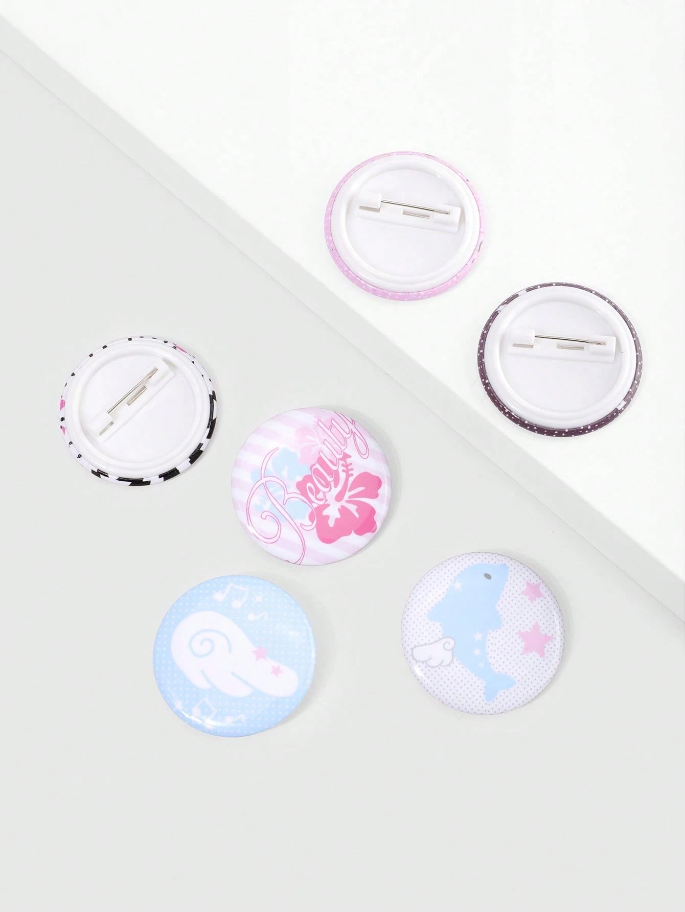ROMWE Kawaii 6pcs Anime Badges With Flower, Wings, Music Notes, Polka Dots, And Stars Design