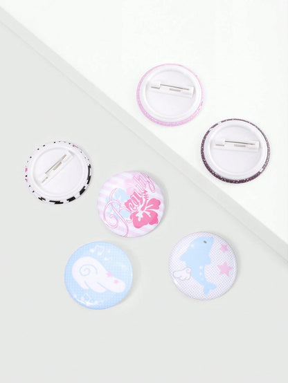 ROMWE Kawaii 6pcs Anime Badges With Flower, Wings, Music Notes, Polka Dots, And Stars Design