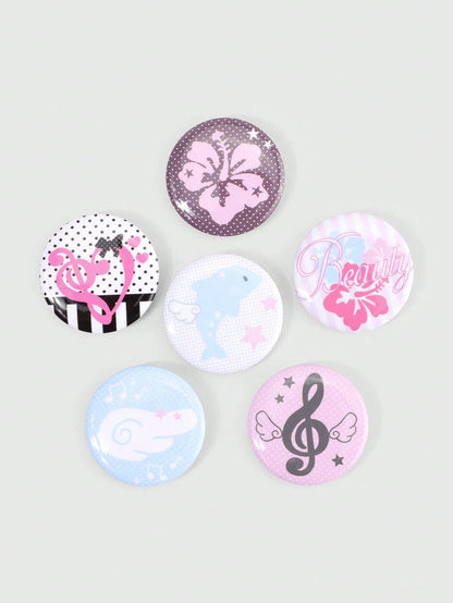 ROMWE Kawaii 6pcs Anime Badges With Flower, Wings, Music Notes, Polka Dots, And Stars Design