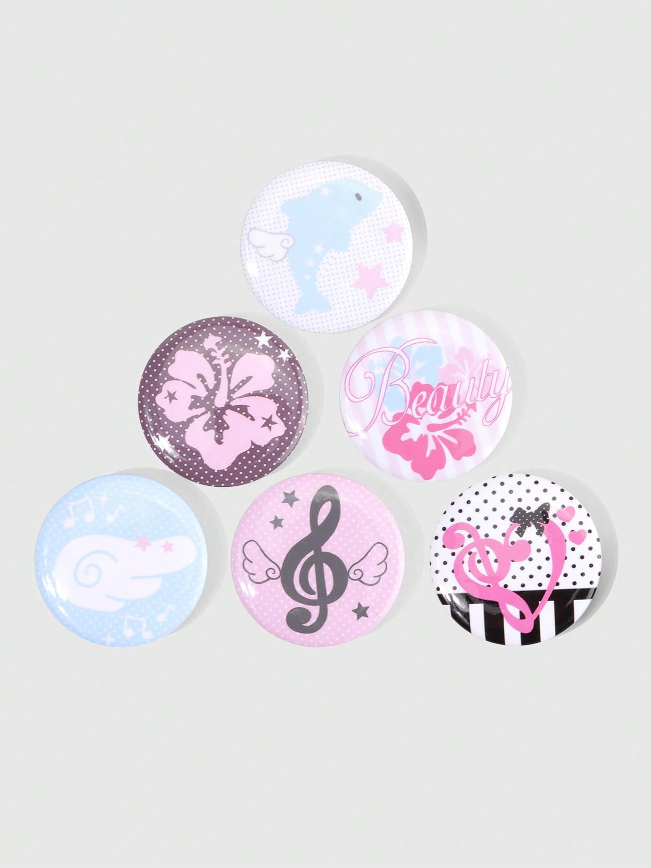 ROMWE Kawaii 6pcs Anime Badges With Flower, Wings, Music Notes, Polka Dots, And Stars Design