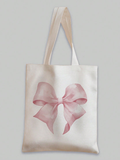 ROMWE Kawaii Bowknot Pattern Double-Sided Printed Canvas Shoulder Bag, Tote Bags For School Valentines, Literary School Bag & Book Bag For Women Or Students, Perfect For Books, Shopping, Back To Schoo