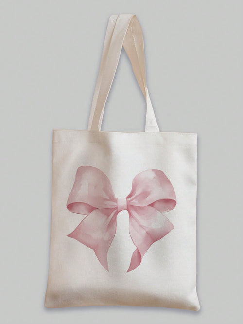 ROMWE Kawaii Bowknot Pattern Double-Sided Printed Canvas Shoulder Bag, Tote Bags For School Valentines, Literary School Bag & Book Bag For Women Or Students, Perfect For Books, Shopping, Back To Schoo