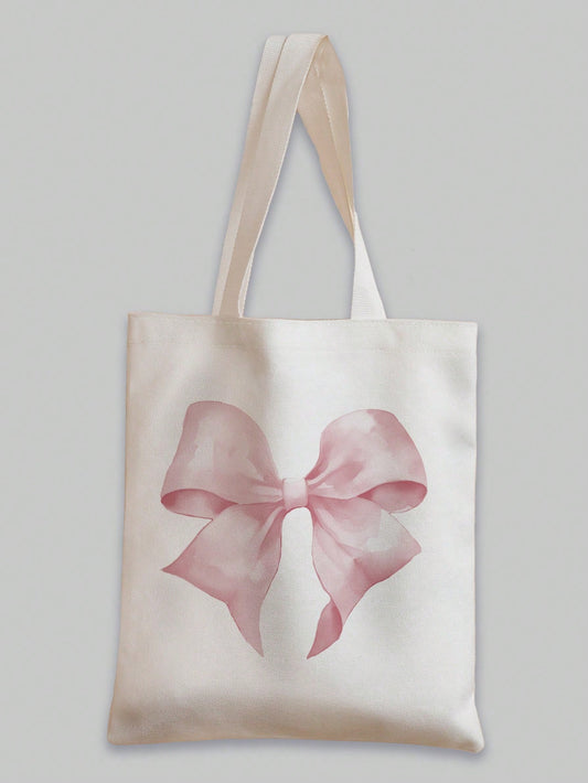 ROMWE Kawaii Bowknot Pattern Double-Sided Printed Canvas Shoulder Bag, Tote Bags For School Valentines, Literary School Bag & Book Bag For Women Or Students, Perfect For Books, Shopping, Back To Schoo