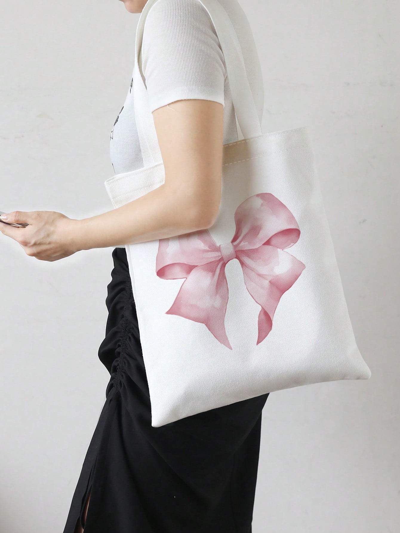 ROMWE Kawaii Bowknot Pattern Double-Sided Printed Canvas Shoulder Bag, Tote Bags For School Valentines, Literary School Bag & Book Bag For Women Or Students, Perfect For Books, Shopping, Back To Schoo