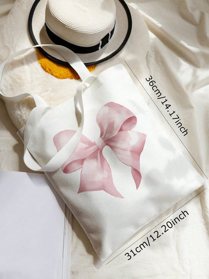 ROMWE Kawaii Bowknot Pattern Double-Sided Printed Canvas Shoulder Bag, Tote Bags For School Valentines, Literary School Bag & Book Bag For Women Or Students, Perfect For Books, Shopping, Back To Schoo