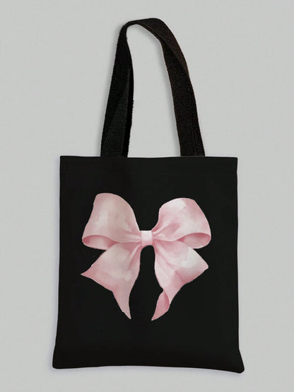 ROMWE Kawaii Bowknot Pattern Double-Sided Printed Canvas Shoulder Bag, Tote Bags For School Valentines, Literary School Bag & Book Bag For Women Or Students, Perfect For Books, Shopping, Back To Schoo