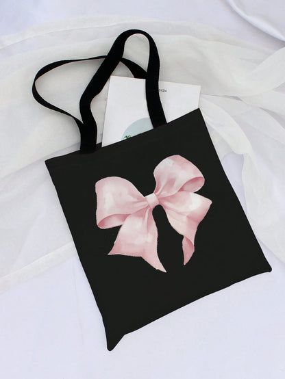 ROMWE Kawaii Bowknot Pattern Double-Sided Printed Canvas Shoulder Bag, Tote Bags For School Valentines, Literary School Bag & Book Bag For Women Or Students, Perfect For Books, Shopping, Back To Schoo