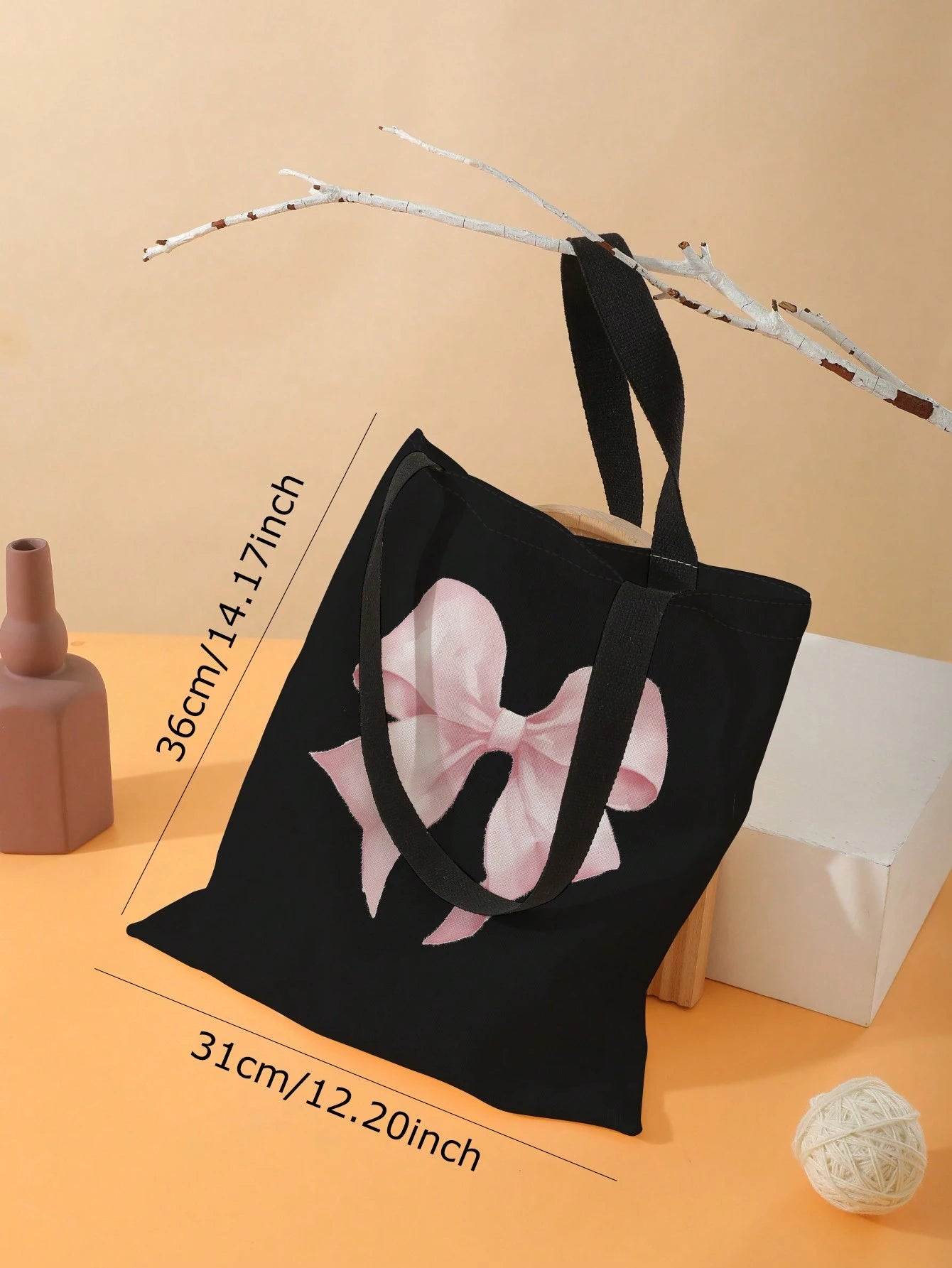 ROMWE Kawaii Bowknot Pattern Double-Sided Printed Canvas Shoulder Bag, Tote Bags For School Valentines, Literary School Bag & Book Bag For Women Or Students, Perfect For Books, Shopping, Back To Schoo