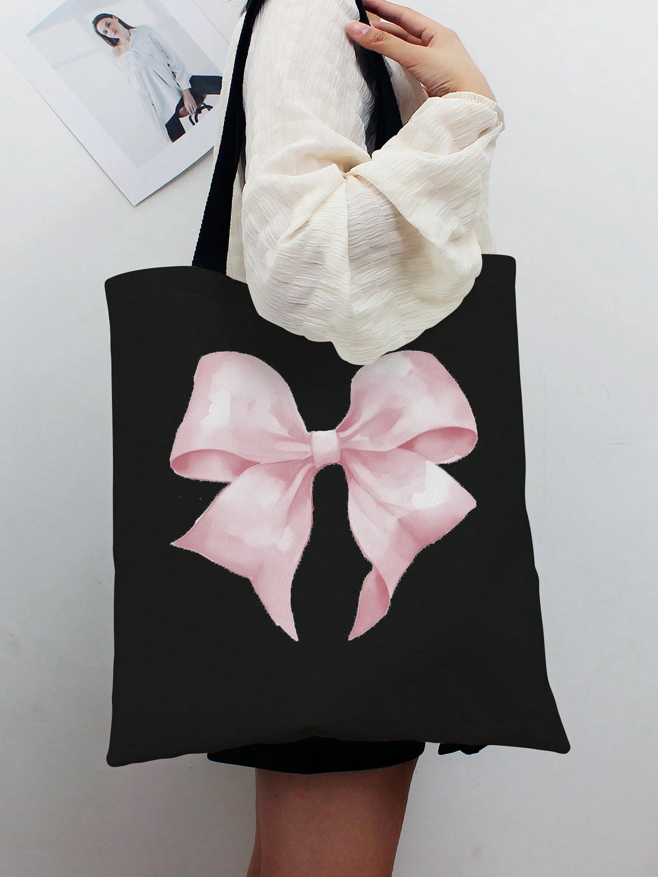 ROMWE Kawaii Bowknot Pattern Double-Sided Printed Canvas Shoulder Bag, Tote Bags For School Valentines, Literary School Bag & Book Bag For Women Or Students, Perfect For Books, Shopping, Back To Schoo
