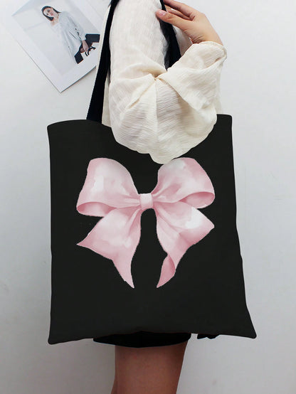 ROMWE Kawaii Bowknot Pattern Double-Sided Printed Canvas Shoulder Bag, Tote Bags For School Valentines, Literary School Bag & Book Bag For Women Or Students, Perfect For Books, Shopping, Back To Schoo