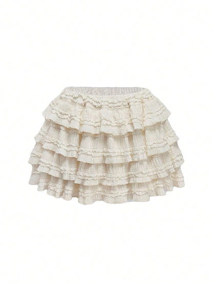 ROMWE Kawaii Cream Textured Fabric Sweet Cake Tiered Waist Mini Skirt, Suitable For Multiple Occasions, Summer For Women