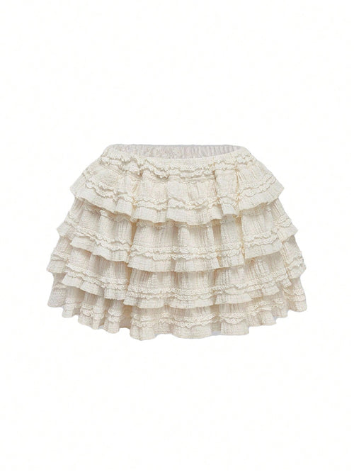 ROMWE Kawaii Cream Textured Fabric Sweet Cake Tiered Waist Mini Skirt, Suitable For Multiple Occasions, Summer For Women