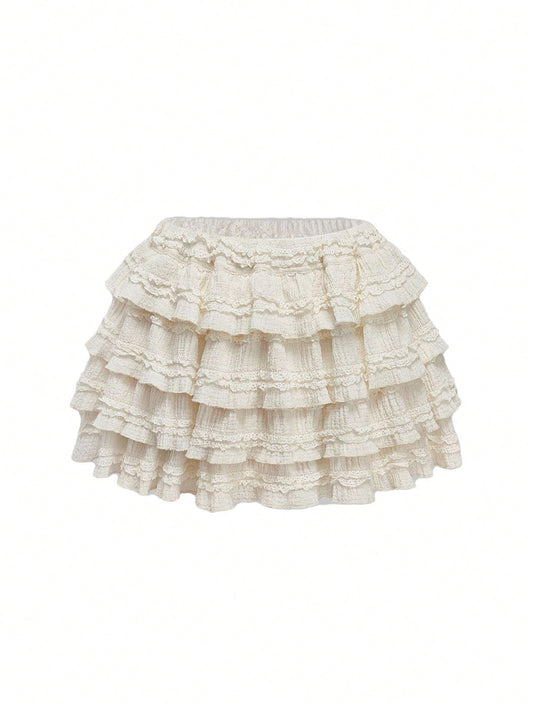 ROMWE Kawaii Cream Textured Fabric Sweet Cake Tiered Waist Mini Skirt, Suitable For Multiple Occasions, Summer For Women