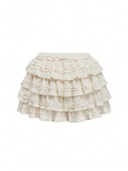 ROMWE Kawaii Cream Textured Fabric Sweet Cake Tiered Waist Mini Skirt, Suitable For Multiple Occasions, Summer For Women