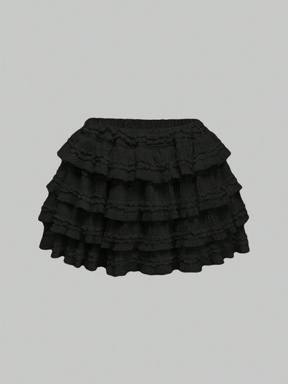 ROMWE Kawaii Cream Textured Fabric Sweet Cake Tiered Waist Mini Skirt, Suitable For Multiple Occasions, Summer For Women