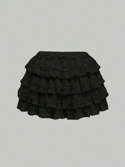 ROMWE Kawaii Cream Textured Fabric Sweet Cake Tiered Waist Mini Skirt, Suitable For Multiple Occasions, Summer For Women