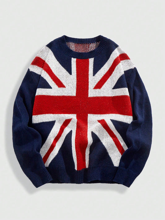 ROMWE MEN Grunge Punk Spring Casual Graphic Men'S Kpop Casual National Flag Knitted Sweater, Autumn/Winter