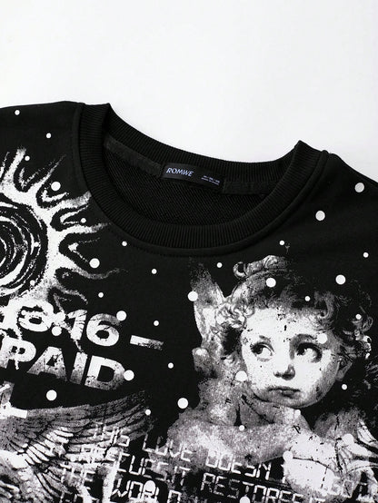 ROMWE MEN Street Life Men's Street Fashion Printed Short Sleeve T-Shirt, Loose Fit Spring/Summer