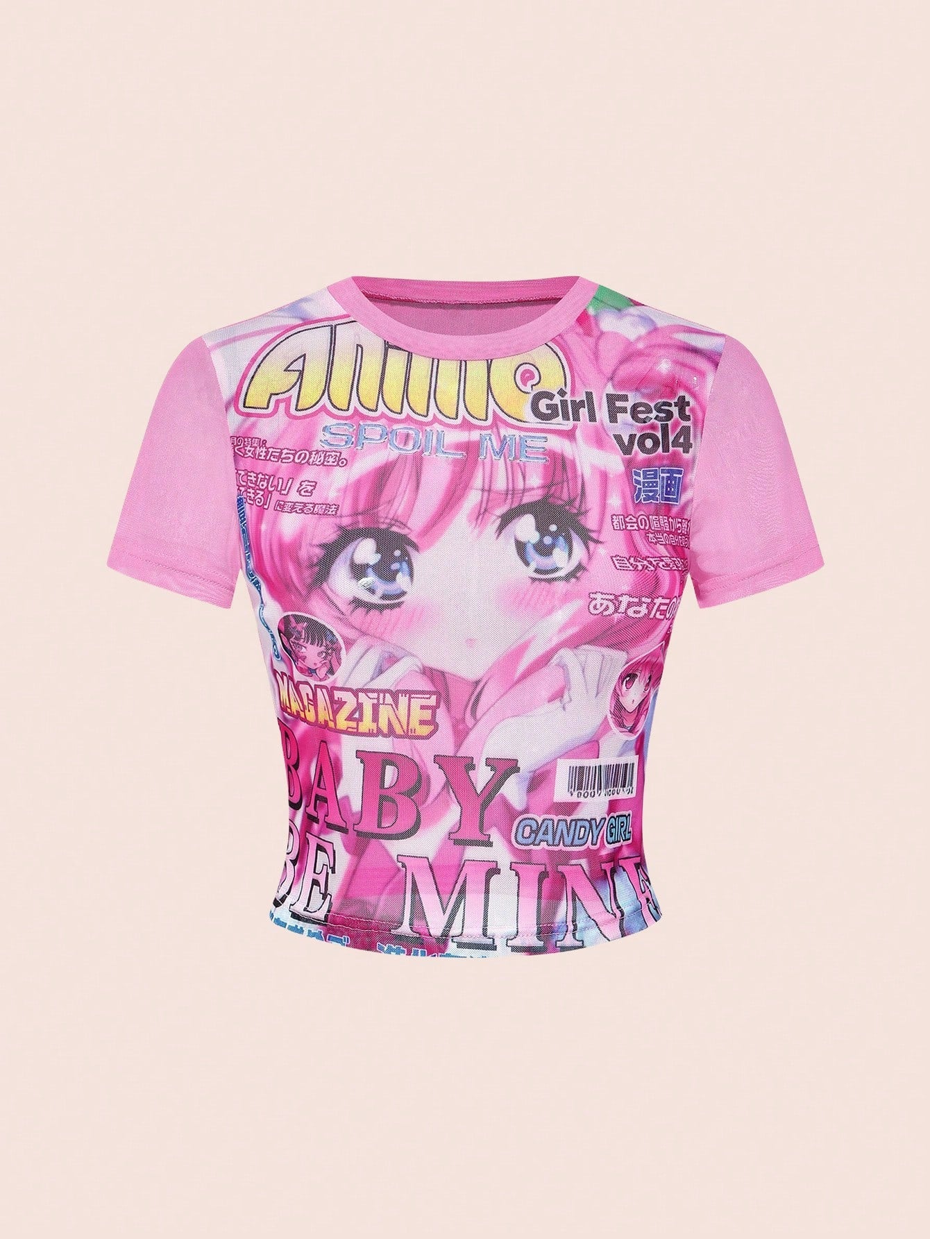 ROMWE Spring/Summer Women's Sexy Sheer Anime Character Graphic Tight Fit Short Sleeve Top